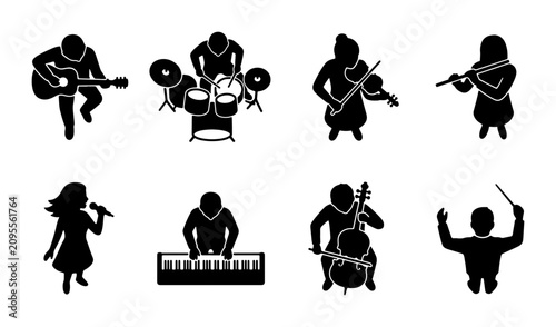 Fotografía Musical Ensemble Icons: Guitarist, Drummer, Violinist, Flutist, Singer, Pianist,