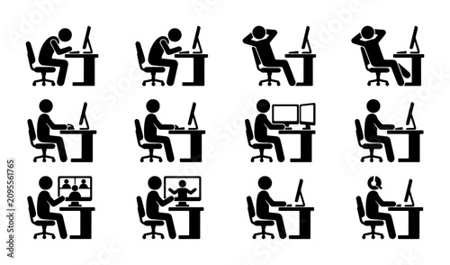Diverse Computer User Poses Vector Icons, Office Worker Ergonomics, Remote Work Setup, Digital Lifestyle Collection