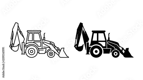 Backhoe Loader Icons: A set of two line art and silhouette icons representing a backhoe loader, a versatile construction vehicle with a front bucket and rear excavator arm.