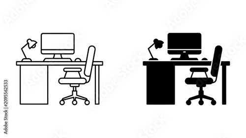 Office Workspace Icon Set: A collection of clean and modern icons depicting a desk, computer, chair, and desk lamp, representing a typical office workspace for design and illustration.