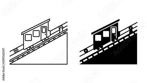 Schilderij op canvas Funicular Railway Icons: A minimalist representation of a funicular railway, showing the inclined track and a car with windows and a door, available in both line art and solid silhouette forms