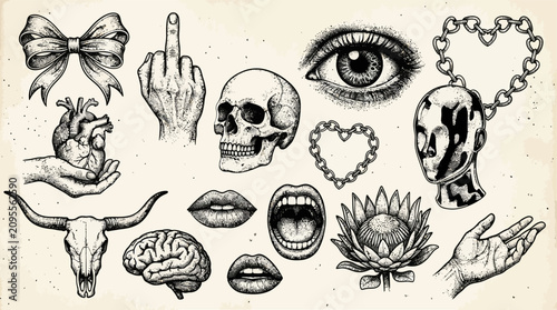 Tattoo Flash Sheet Set with Skull Heart Eye and Surreal Elements