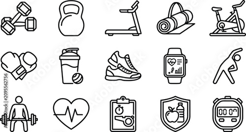 Foto Fitness and healthy lifestyle outline icon set with exercise training activity