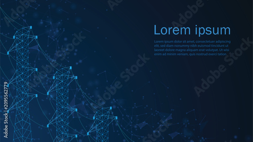 Horizontal banner with High Voltage Power Pylon in isometric style and place for text. Steel Powerline Generator. Vector illustration