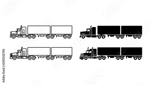 Semi-Trailer Truck Collection: A set of four semi-trailer trucks, presented in both line art and silhouette styles, showcasing their distinct design and functionality in transportation and logistics.