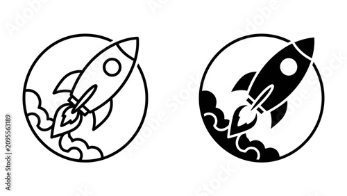 Rocket Launch Icon: A stylized rocket ascends with fiery exhaust, depicted in both a clean line drawing and a bold silhouette, symbolizing progress and exploration.