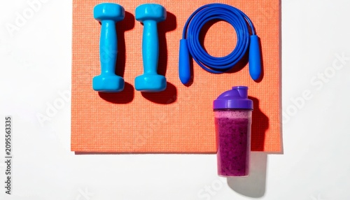 Bright workout equipment and healthy drink on an orange mat for fitness activities