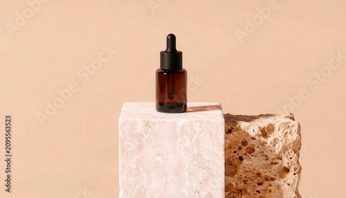 Brown glass dropper bottle sits on a white stone block with a light background during the day