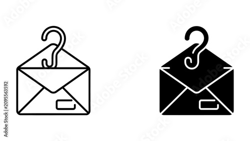 Tableau sur toile Suspicious Envelope Icon: An envelope with a question mark hook, symbolizing a mysterious or uncertain message, presented in both outline and solid black fill graphic styles