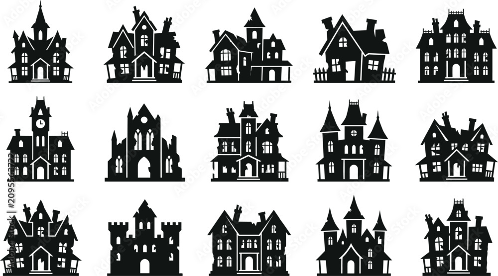 Obraz premium Set of black haunted houses and castles on transparent background vector.