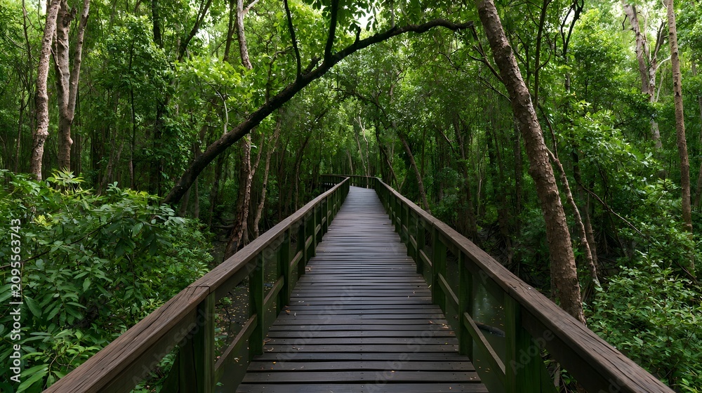 Fototapeta premium A long wooden bridge winds through a lush green mangrove forest with tall trees and dense foliage on both sides