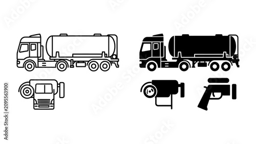 Truck and Trailer Icons: A set of line and silhouette icons depicting a tanker truck and trailer, along with front view and side view representations.