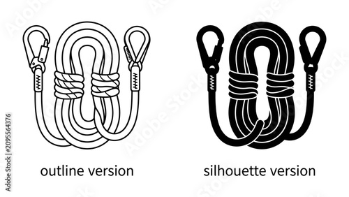 Slika na platnu Climbing Rope Illustration: Two illustrated versions of a coiled climbing rope, one in outline and one in silhouette, showcasing carabiner attachments and sturdy cordage