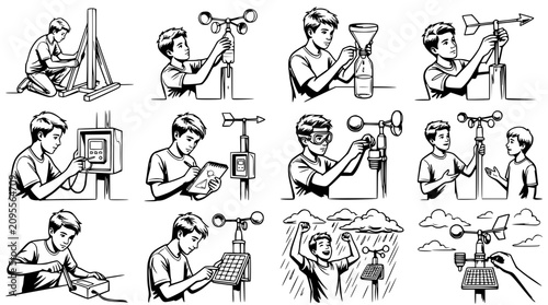 Foto Young boy conducting weather science experiments with anemometer, rain gauge, an