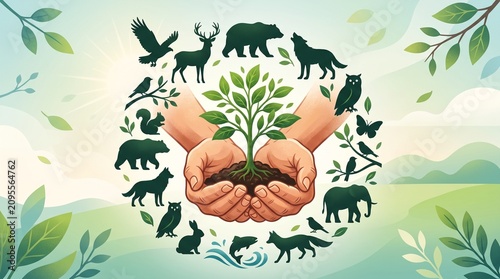 Hands holding a plant surrounded by animals in a natural landscape