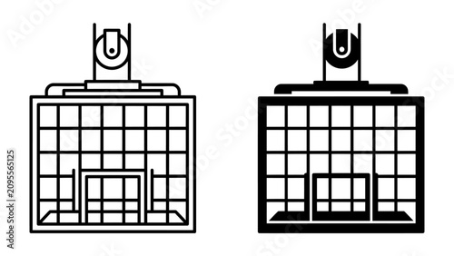 Building Icon Set: Two contrasting icons depict a simplified building facade with grid-like windows and a central entrance, suitable for architectural or real estate representation.
