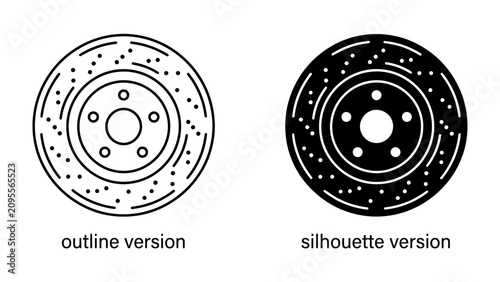Foto Car Brake Disc Icon: A graphic representation of a car brake disc, presented in both outline and silhouette versions, symbolizing automotive mechanics and technology