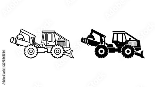 Forestry Skidder Machine Icons: A graphic illustration depicting two versions, a black and white outline and a solid black silhouette, of a forestry skidder machine used for hauling logs in a forest.