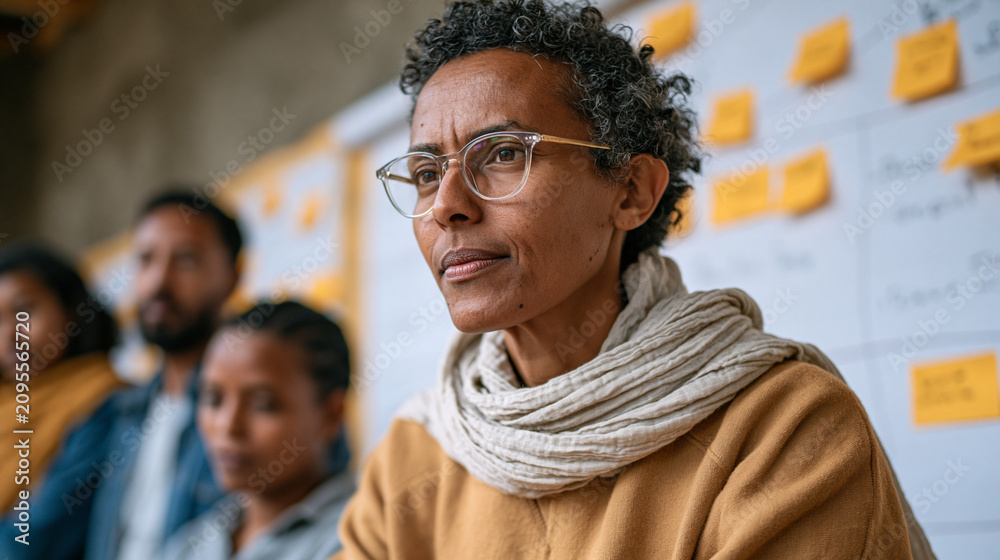 Fototapeta premium Ethiopian local versus abroad volunteering workshop at a community center, facilitator drawing a pros-and-cons diagram on a large paper roll pinned to the wall, participants of