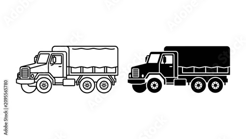 Heavy Duty Truck Icons: Two stylized illustrations of heavy-duty trucks, one in black and white outline and the other in solid black.