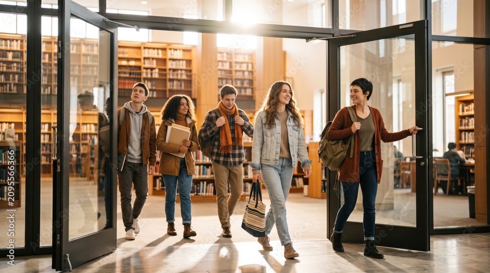 Fototapeta premium Group of diverse students walking out of a university library building after studying.