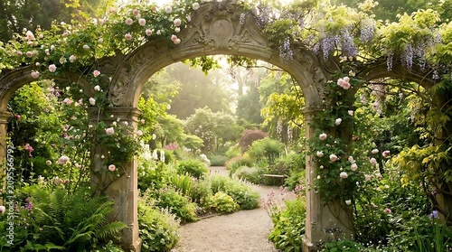 Enchanting garden archway lush greenery sunlight filtering through trees