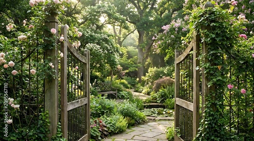 Enchanting garden gate entrance lush greenery sunlight through trees
