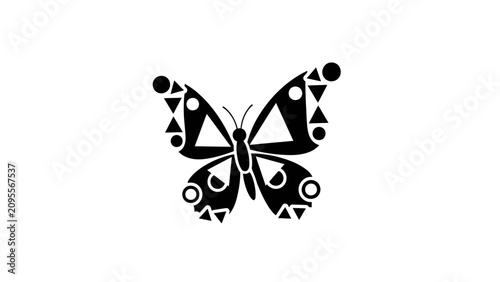 A stylized black butterfly with geometric patterns on its wings