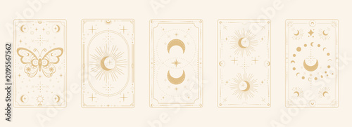 Mystical tarot reverce border card frame with celestial moon and star patterns. Esoteric boho sacred cover design featuring magical symbols for spiritual illustration and occult art projects. 