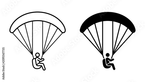 Foto Paragliding Icons: A simple line art and a solid black silhouette depict a paraglider in flight, showcasing the thrill of aerial sport