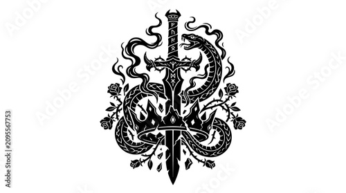 Gothic Sword Crown Snake Roses Emblem Black Vector Art