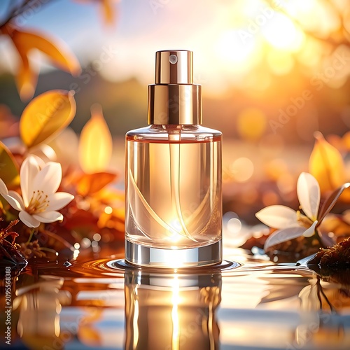 Perfume bottle on water with flowers.