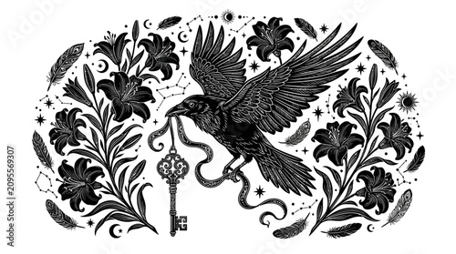 Mystical Raven with Key and Lilies, Celestial Constellations and Feathers
