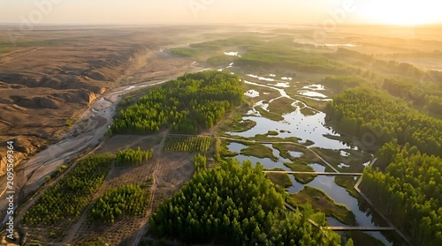 Expansive wetland ecosystem with lush greenery under golden sunlight