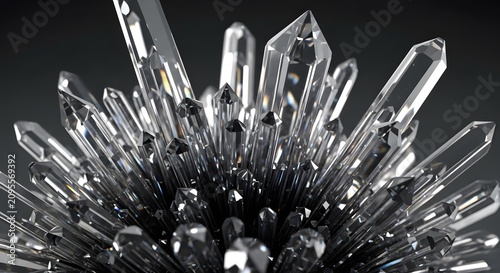 Shiny transparent quartz crystal clusters gemstone macro texture dark background