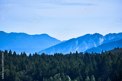Tableau sur toile Layers of blue mountains and dense forest