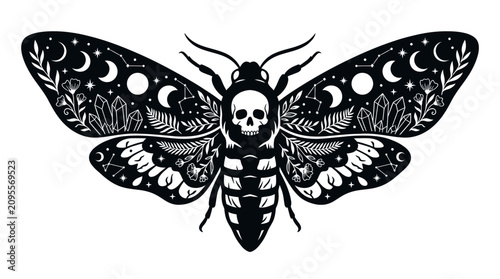 Mystical Moth with Skull Face and Celestial Elements