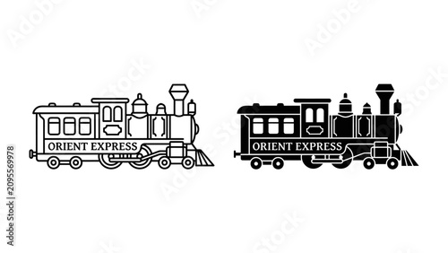 Fotografia Vintage Locomotive, Orient Express Icon: A classic steam locomotive, a symbol of the Orient Express, presented in both outline and silhouette form