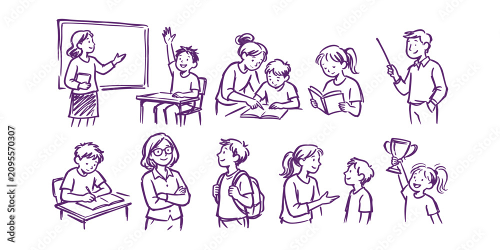Fototapeta premium school education collection and hand drawn teacher student class lesson desk blackboard read book trophy doodle icon set vector illustration