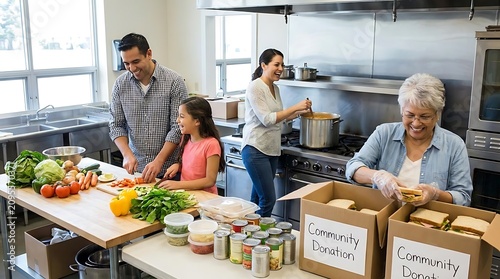Family and community members preparing food for donation in a kitchen
