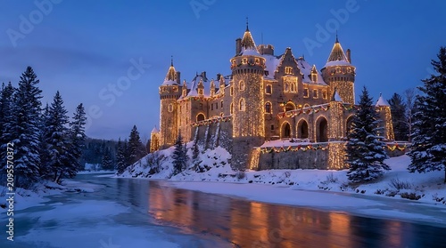Fairytale castle illuminated in snowy winter twilight landscape
