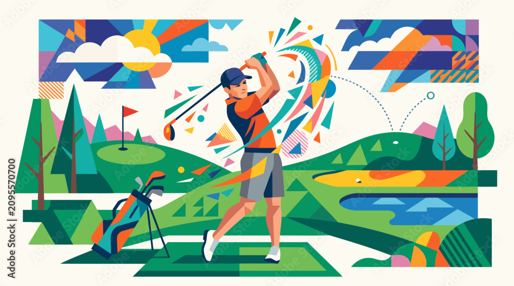 Fototapeta premium Golfer swings club on a vibrant golf course with abstract background.