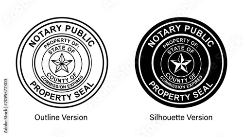 Tableau sur toile Notary Public Property Seal Collection: Two stylized seals, one outlined and one silhouetted, represent official notary public property seals, denoting authenticity and legal authorization