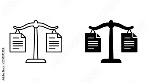 Bild auf Leinwand Scales of Justice Icon: A clear visual representation of justice and fairness, featuring two scales balanced with document icons, symbolizing legal principles and equitable judgment