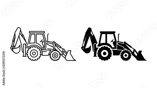 Fotografie Backhoe Loader Icon: A set of icons featuring a backhoe loader, depicted in both line art and silhouette style, representing construction equipment and heavy machinery