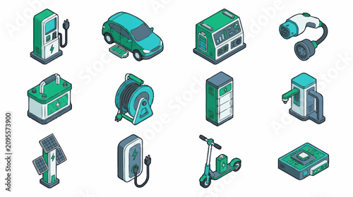 Tableau sur toile Isometric Green Technology and Industry Icons Set.