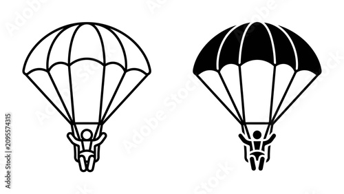 Foto Parachuting Icons: A duo of stark, contrasting icons depicting a person descending under a parachute, one outlined in black and white, the other a solid black silhouette