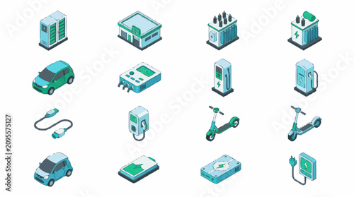 Bild auf Leinwand Isometric Electric Vehicle Charging Station Icons Set.