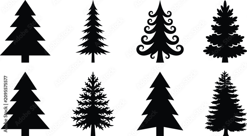 Obraz premium Evergreen Christmas Tree Silhouette Set Featuring Pines Firs Cedars Spruces and Ornate Swirl Forest Trees for Winter Holiday Greeting Card Graphics Vector Design