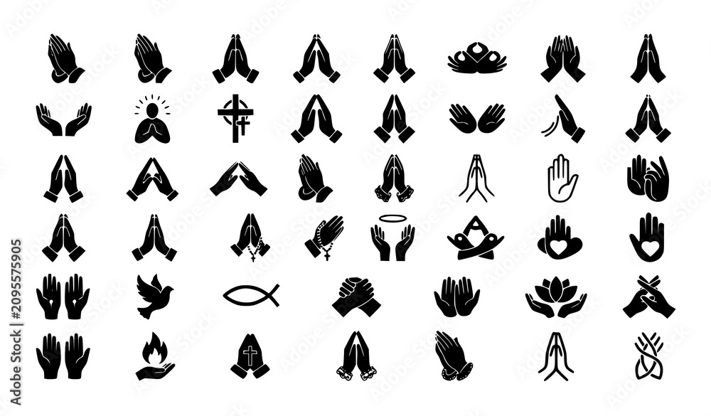 Fototapeta premium Praying Hands Silhouette Icon Set with 36 Simple Black and White Spiritual Vector Symbols EPS 10